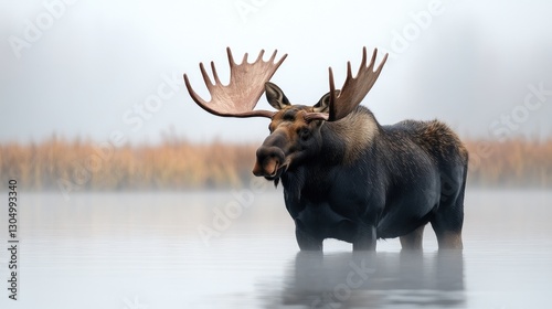 Majestic moose stands proudly in serene waters surrounded by mist and tranquil scenery, showcasing nature's beauty.