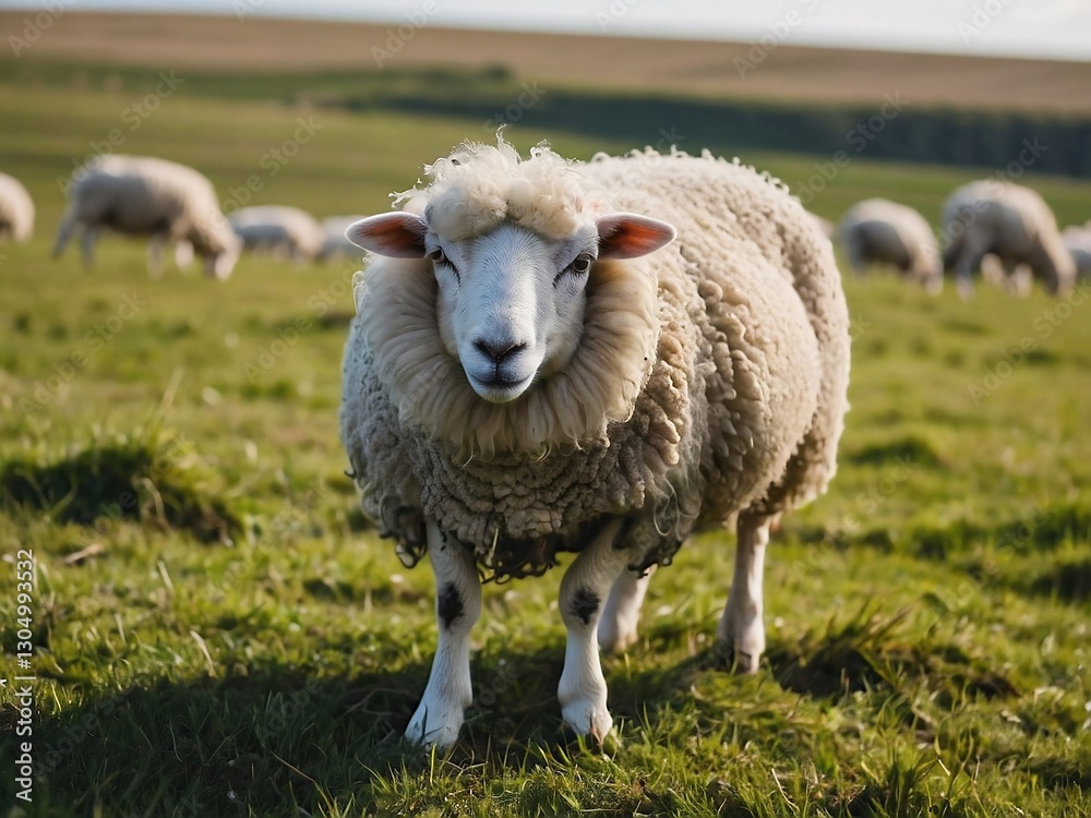 Fototapeta premium Peaceful Sheep Grazing in Lush Green Pasture: Embracing Rural Farm Life in the Countryside
