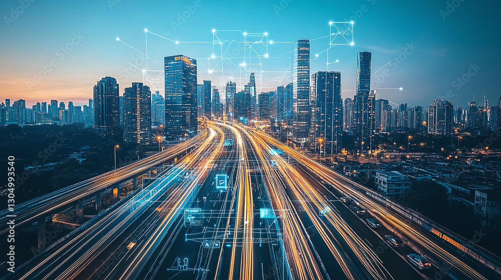 Fototapeta premium Futuristic Cityscape: Light trails streak through a modern city, symbolizing speed and connection, enhanced by digital network overlays.