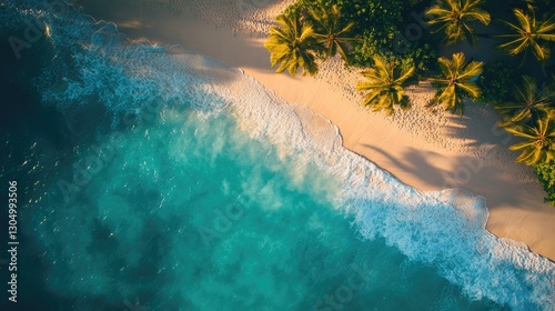 Aerial view of a serene tropical beach with golden sand, bright turquoise waters, and lush palm trees under soft sunlight.
