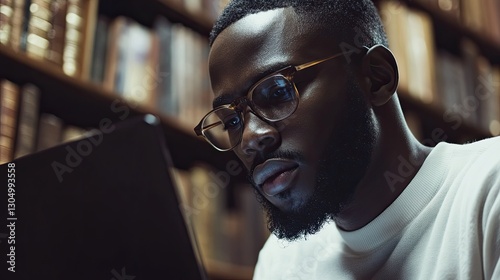Focused young man studying intently in a library setting, surrounded by books, using a tablet for research and learning.