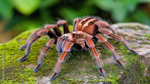 Close-up view of a vibrant tarantula resting on a moss-covered rock amidst a lush, green background, showcasing its detailed features