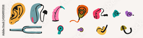 Set of different types of hearing aids. Ear, tuning fork, batteries, earbuds. Hand drawn Vector illustration.