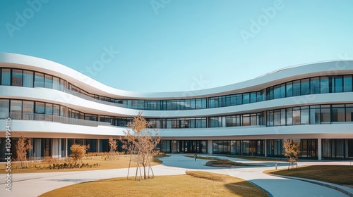 Modern architecture of a curved building featuring large windows and landscaped grounds under a clear blue sky