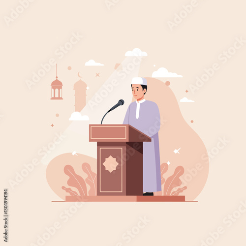Man Giving Speech at Podium Illustration with Ornament Background