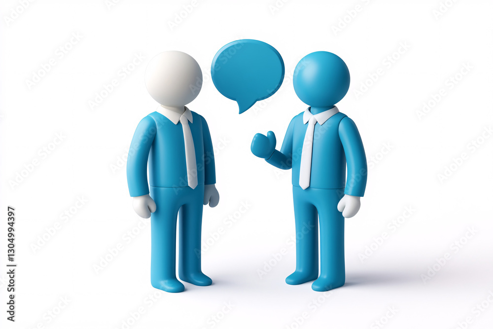 Two blue figures in suits communicate with a speech bubble between them
Two blue figures in suits communicate with a speech bubble between them
