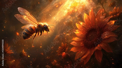 A mesmerizing macro scene of a bee hovering near a vibrant sunflower amidst a golden, sunlit atmosphere