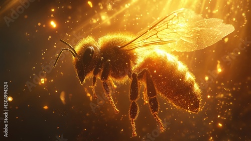 Reflective close-up of a bee illuminated by warm lights, showcasing intricate details of its anatomy and texture