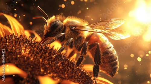 A close-up of a honey bee pollinating a sunflower under soft golden light with a mesmerizing bokeh effect