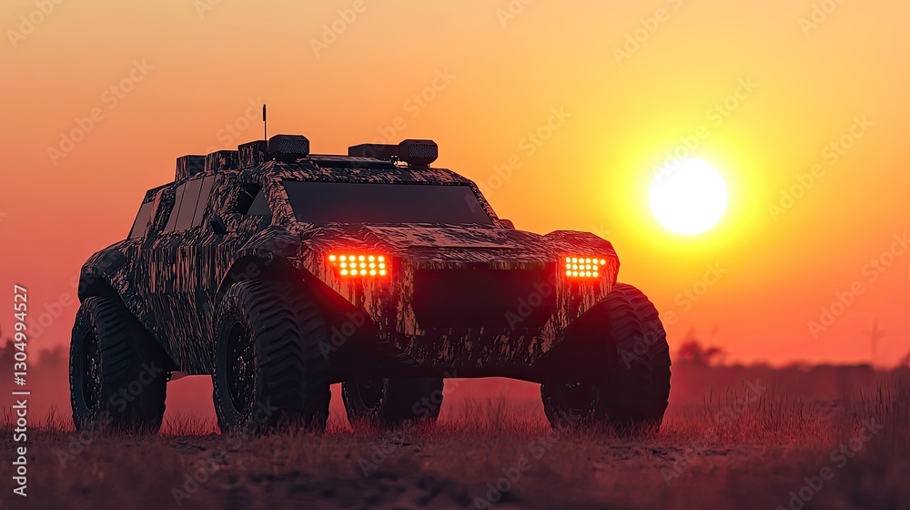 Obraz premium Off-road military vehicle silhouette at sunset showcasing its rugged design with striking LED lights and camouflage pattern