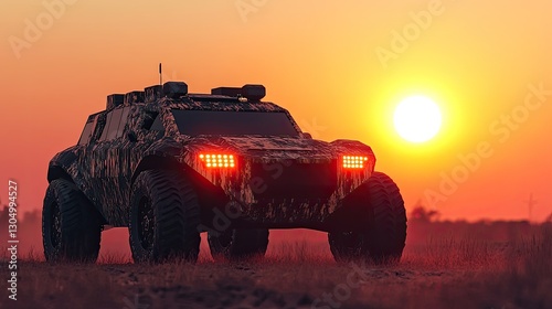 Off-road military vehicle silhouette at sunset showcasing its rugged design with striking LED lights and camouflage pattern