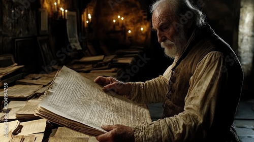 An elderly scholar examines ancient manuscripts in a dimly lit library filled with historical documents and artifacts