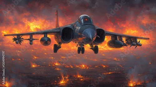 A powerful military jet soaring through a fiery battlefield filled with flames and smoke, showcasing strength and resilience
