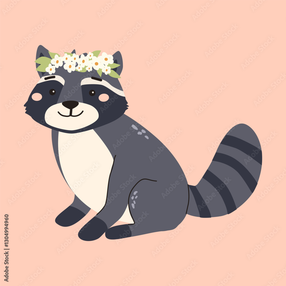Fototapeta premium Cute forest animals illustration featuring raccoon with floral crown for children's design.