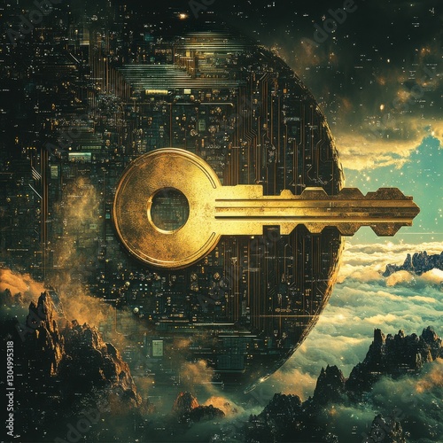 A golden key is set against a cosmic landscape filled with clouds and mountains, symbolizing access to knowledge or new dimensions.