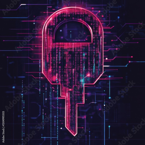 A vibrant digital lock symbol surrounded by binary code, representing cybersecurity and data protection in a modern, high-tech environment.