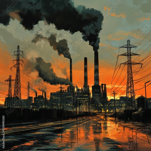 A factory silhouetted against a dramatic sunset, emitting dark smoke from tall chimneys, with power lines framing the scene.