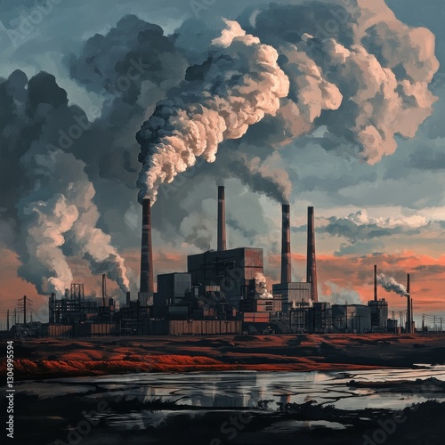 A dramatic industrial landscape featuring smokestacks releasing thick smoke against a colorful sunset.
