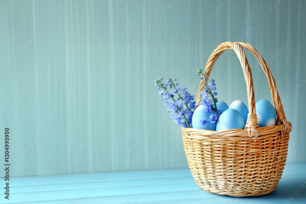 Easter festive composition with Easter eggs and spring flowers in a wicker basket on color background Easter festive composition with Easter eggs and spring flowers in a wicker basket on color background