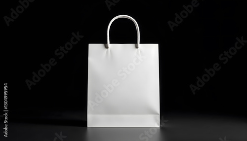 A single white shopping paper bag on a reflective dark surface. minimalist design and dark color. 