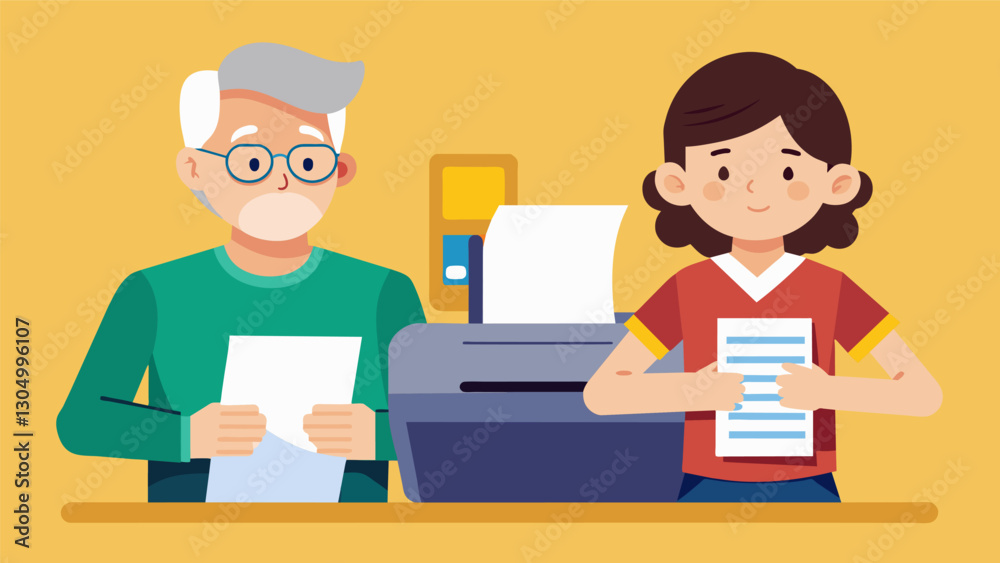 Two generations sitting side by side as a teenager demonstrates how to scan and print documents using a printer.. Vector illustration Two generations sitting side by side as a teenager demonstrates how to scan and print documents using a printer.. Vector illustration