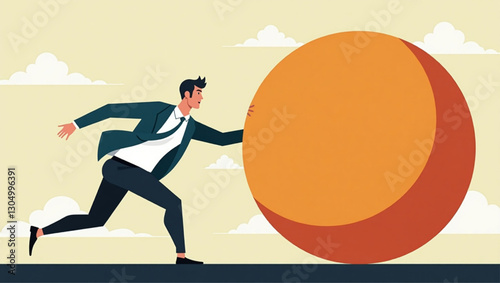 Determined Businessman Pushing Sphere to Win Race Against Competitors