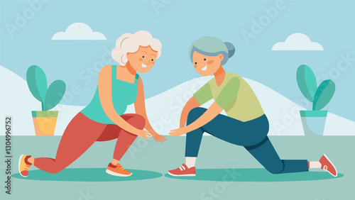 Two elderly friends chatting and stretching at a community center both wearing activity trackers on their ankles.. Vector illustration