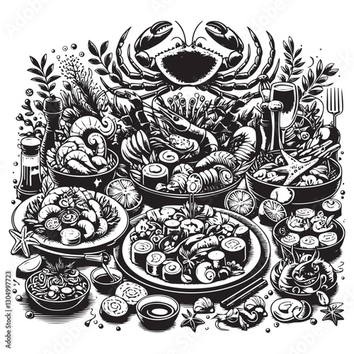 Festive seafood dishes food cooked modern delicacies with a presentation on the plate vector illustration. Delicious dishes: salads and soups of shrimp, crab, mussels, baked fish, rolls, sushi, octopu