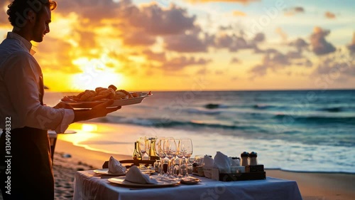 A waiter serves an elegant breakfast on the beach at sunrise, with waves gently touching the shore