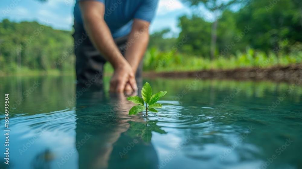 Planting a new future individual nurtures seedling in serene water nature setting close-up perspective Planting a new future individual nurtures seedling in serene water nature setting close-up perspective