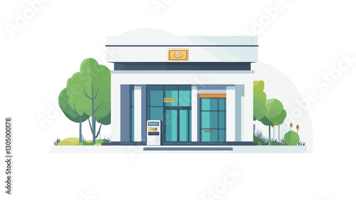 The image is a digital illustration depicting the exterior of a modern building.  The building is rendered in a flat, minimalist style with clean lines and simple shapes.  The color palette