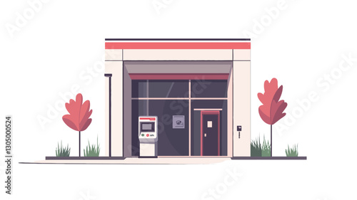 The image is a digitally rendered illustration of a modern retail building exterior. The building is depicted in a minimalist style with a flat, two-dimensional perspective. It features a