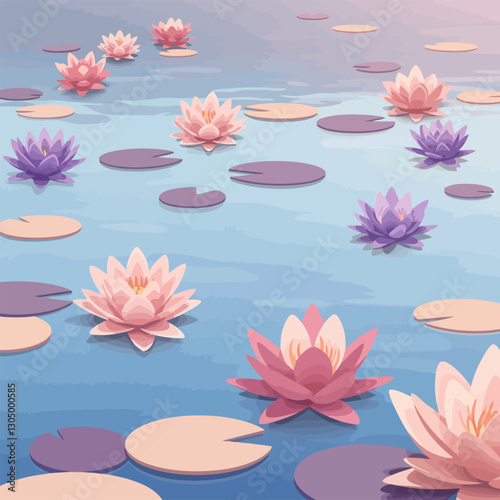 Floating Water Lilies and Lily Pads on a Calm Pond Surface
