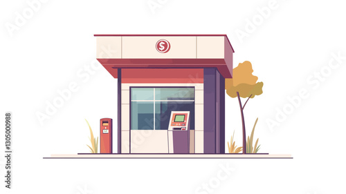 Illustration of a small retail building exterior. The building is depicted in a cartoonish style with flat colors and simple shapes.  The building has a red and white facade, a large