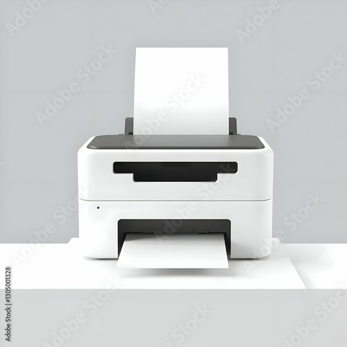 A white printer is printing a sheet of blank white paper