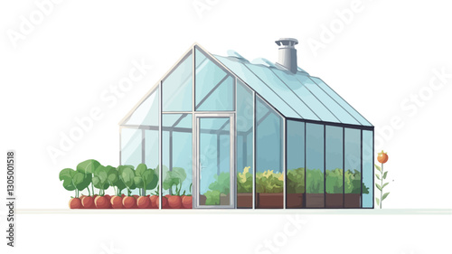 Digital illustration of a glass greenhouse on a white background. The greenhouse is depicted in a house-like shape with a pitched roof and visible plants inside. Outside the greenhouse,