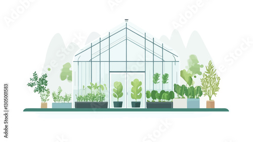 A vector illustration depicting a simple, minimalist greenhouse structure.  The greenhouse is composed of a metal frame and transparent panels, showcasing various potted plants of differing