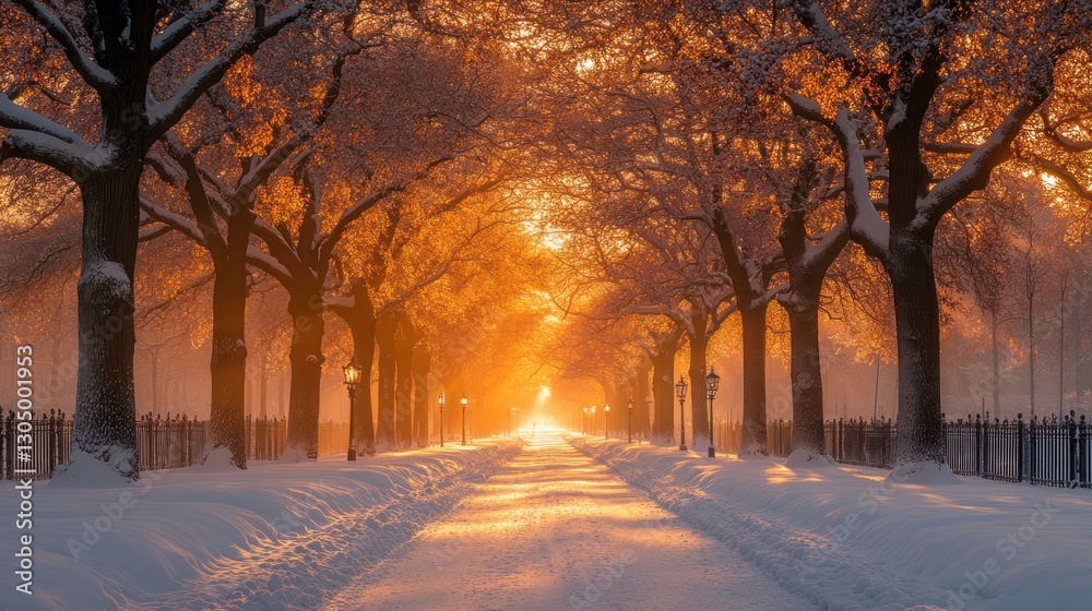 Snowy path at sunrise, sun rays through trees. Snowy path at sunrise, sun rays through trees.