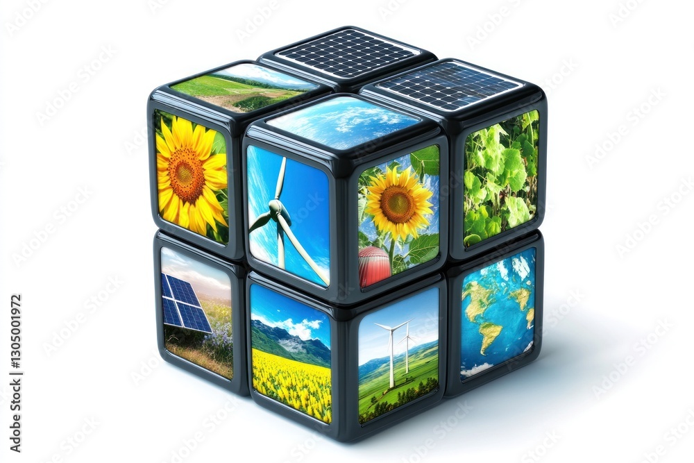 Obraz premium Renewable energy cube showcasing solar, wind, and nature.