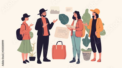 The illustration depicts four young adults of diverse appearances engaged in a conversation.  They are depicted in a simple, flat style with minimal detail.  The color palette is muted with