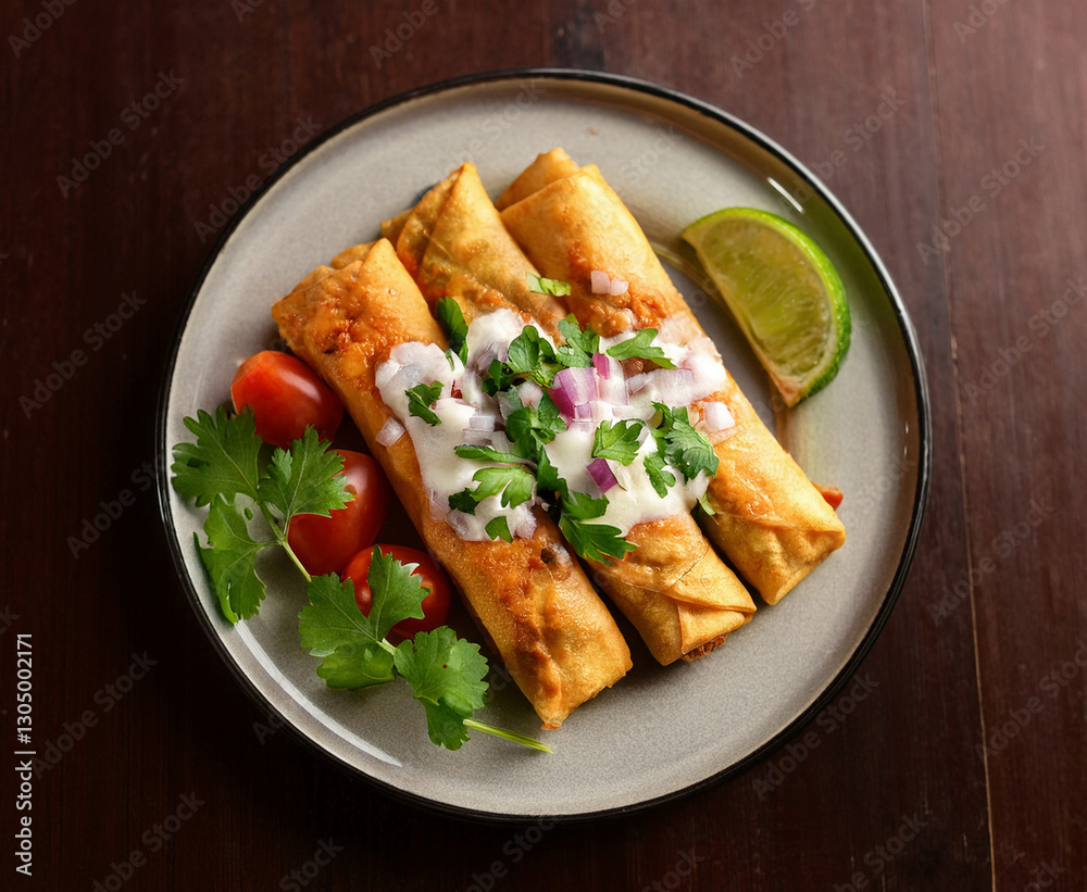 A plate of crispy, golden flautas is topped with sour cream, chopped cilantro, and diced onions, served with cherry tomatoes and a lime wedge. A plate of crispy, golden flautas is topped with sour cream, chopped cilantro, and diced onions, served with cherry tomatoes and a lime wedge.