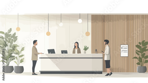 An illustration depicting a modern, minimalist reception area. The scene shows a long, light-colored reception desk with two staff members seated behind it and two visitors standing in