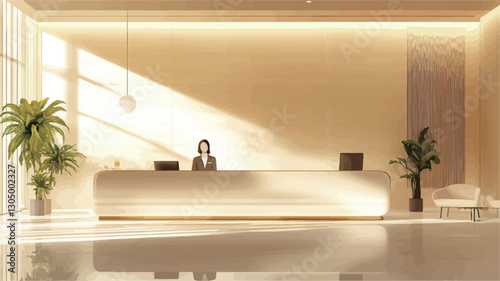 The image showcases a contemporary office reception area.  The dominant color palette is warm beige and off-white. A sleek, white reception desk is centrally positioned, behind which a