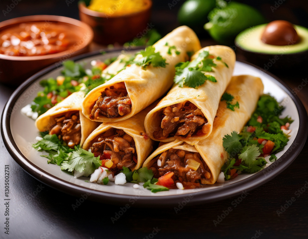 A plate of crispy flautas filled with seasoned meat is garnished with fresh cilantro and served with salsa, avocado, and cheese. A plate of crispy flautas filled with seasoned meat is garnished with fresh cilantro and served with salsa, avocado, and cheese.