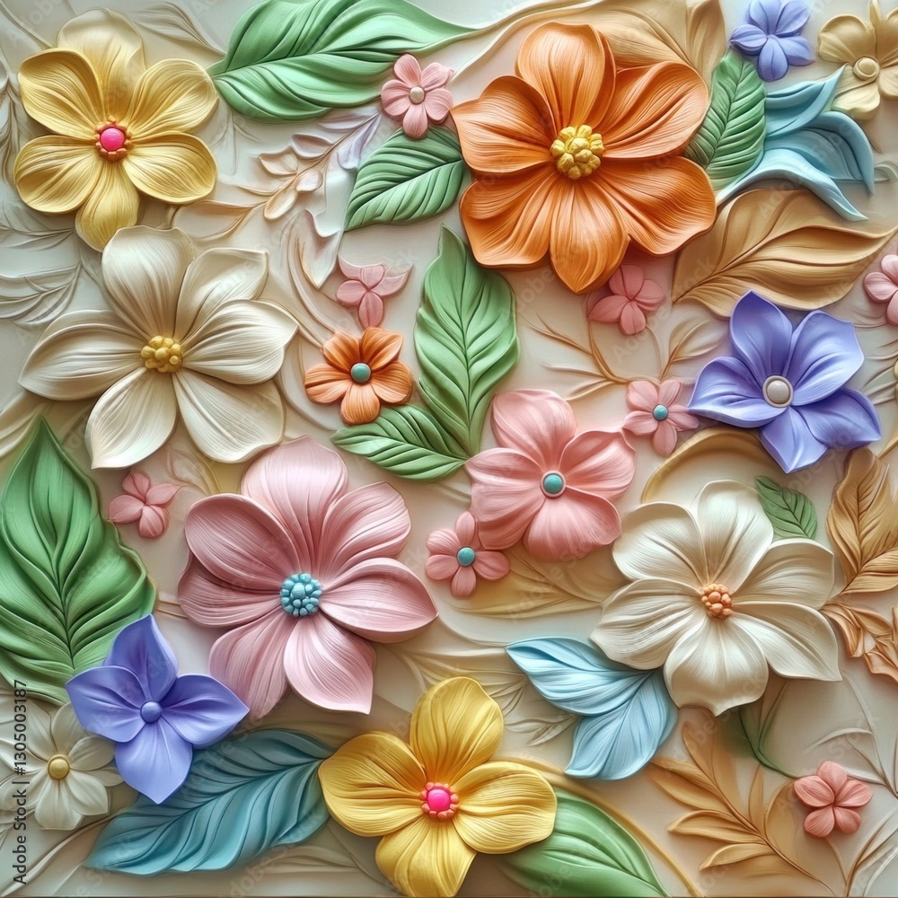 A vibrant, 3D embossed floral design, featuring a multitude of blossoms and leaves in pastel hues, with detailed textures and embellishments. A vibrant, 3D embossed floral design, featuring a multitude of blossoms and leaves in pastel hues, with detailed textures and embellishments.