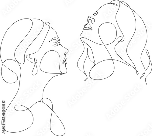Continuous line drawing of set of faces and hairstyle, fashion concept, minimalist female beauty, vector illustration of colorful abstract background