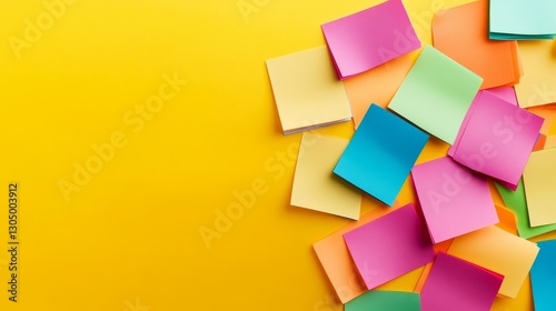 Colorful sticky notes scattered on a bright yellow background, ideal for organization and creativity
