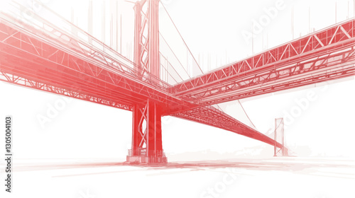 The image presents a stylized, abstract depiction of a suspension bridge.  The bridge is rendered in shades of red against a stark white background. The focus is on the structural elements