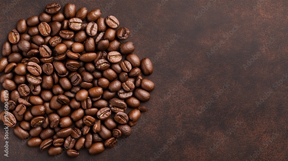 Close-up of roasted coffee beans scattered on a textured brown surface, evoking warmth and aroma Close-up of roasted coffee beans scattered on a textured brown surface, evoking warmth and aroma