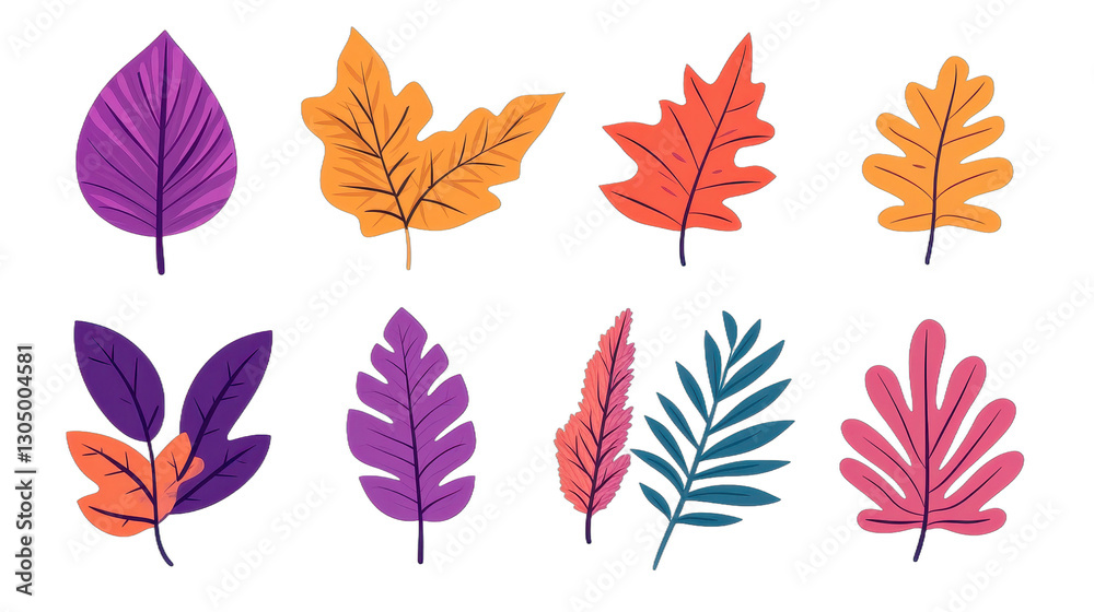 Obraz premium Colorful autumn leaves in various shapes, vibrant purple orange red and blue foliage, perfect for seasonal themes and design. Isolated on white background or PNG